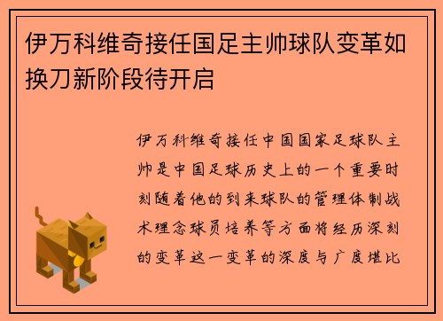 伊万科维奇接任国足主帅球队变革如换刀新阶段待开启