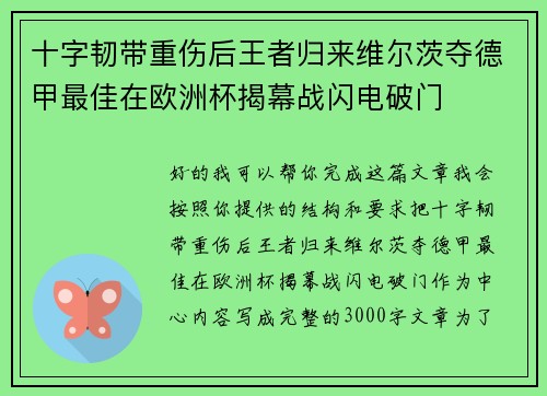 十字韧带重伤后王者归来维尔茨夺德甲最佳在欧洲杯揭幕战闪电破门
